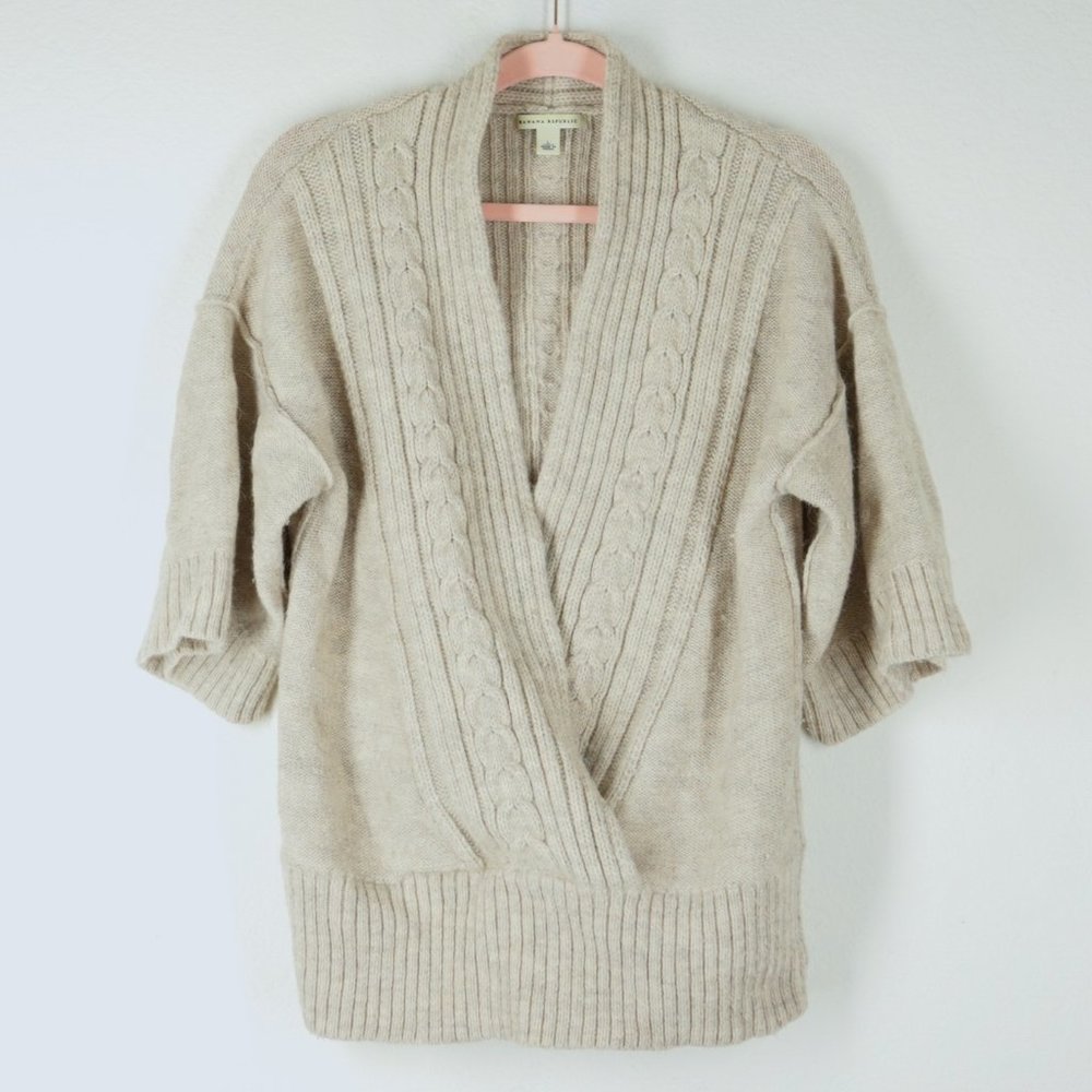 BANANA REPUBLIC Oatmeal Alpaca Wool Cable Knit Deep V-Neck Sweater size L